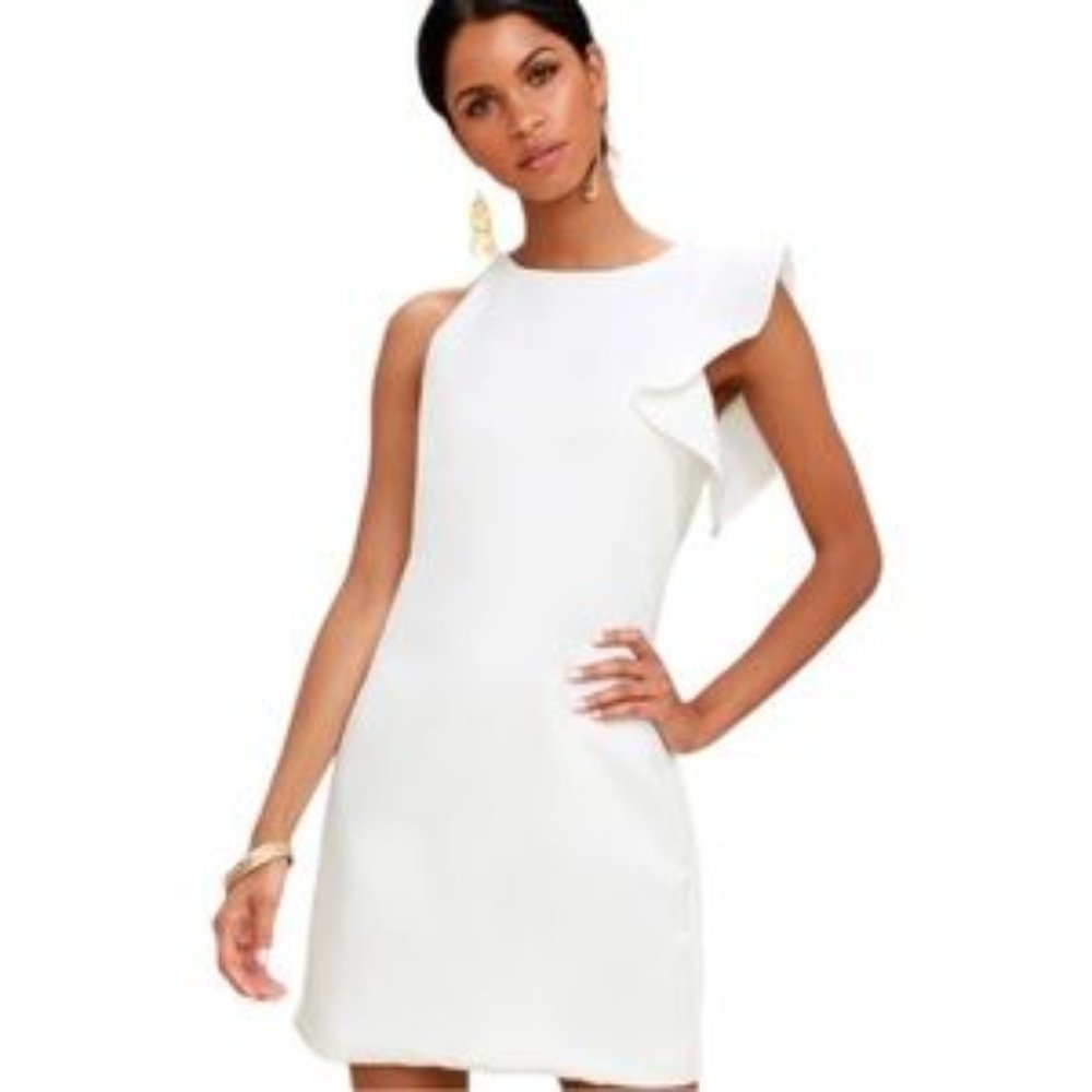 Lulu's White Ruffle Shoulder Dress Size Small
